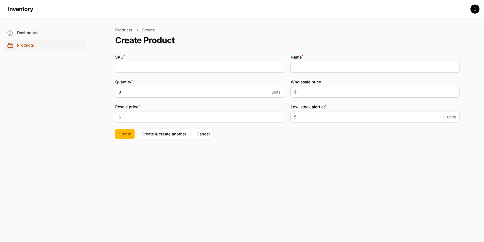 Product creation form