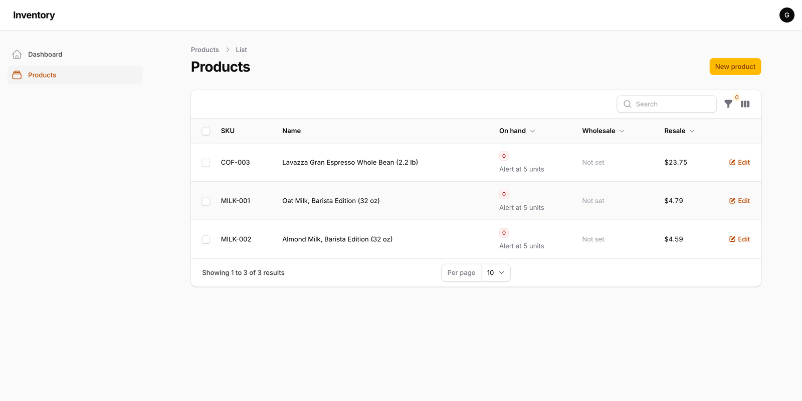 Inventory products list